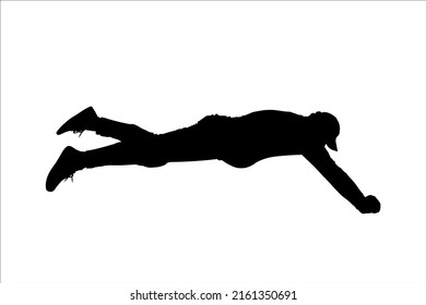 A guy in a cap, sneakers, and tracksuit lies on his stomach, face down. The character is trying to reach for something, and pull it out. Rescuer. Rescue operation. Male silhouette isolated on white