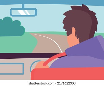 The guy in the car is driving along the road in the field. He looks in the rearview mirror. Traveler on a trip.