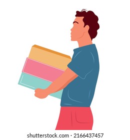 The guy carries boxes, a gift. Delivery of parcels day and night. Vector flat illustration.