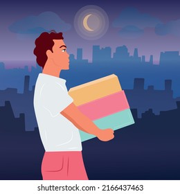 El tipo lleva cajas, un regalo. Entrega de paquetes día y noche. Ilustración plana vectorial.