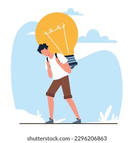 Guy carries heavy light bulb idea as symbol of burden of creative solutions. Art director, business geniuses success, hard working process. Cartoon flat style isolated vector concept