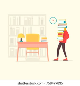 Guy carries a stack of books in the library. Flat design vector illustration.