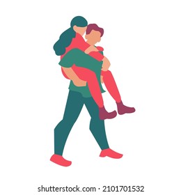 The guy carries the young girl on his back St Valentine card Flat vector illustration