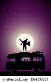 Guy carry girl on roof of retro car on moonlit night. Vector illustration with silhouette of happy lovers. Family road trip. Full moon in starry sky