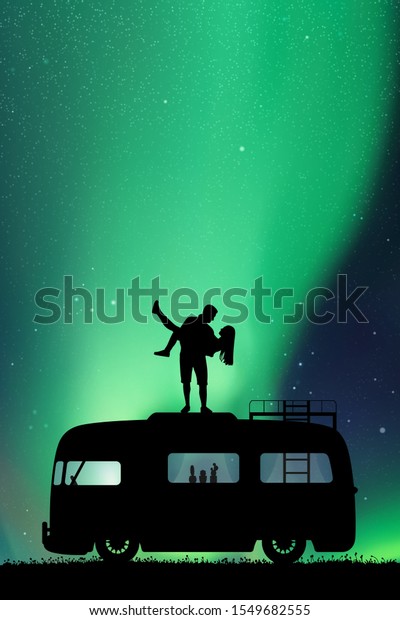 Guy carry girl on\
roof of retro car at night. Vector illustration with silhouette of\
happy lovers. Family road trip. Northern lights in starry sky.\
Colorful aurora borealis