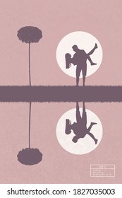 Guy carry girl in park. Isolated silhouette of happy lovers and tree reflected in water. White sun on pink texture background. Abstract vector illustration for use in polygraphy, textile, design
