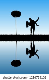 Guy carry girl in park. Vector illustration with silhouette of happy lovers and tree reflected in water. Blue pastel background
