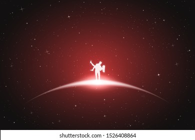 Guy carry girl in space. Vector conceptual illustration with white silhouette of happy lovers. Red abstract background with stars and glowing outline
