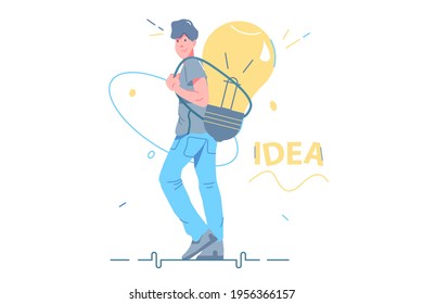 Sie tragen eine intelligente Idee hinter der Vektorgrafik. Große Glühbirne als Symbol für kreative Ideengenerierung flachen Stil. Menschliche Intelligenz, Inspiration, innovatives Ideenkonzept. Einzeln auf weißem Hintergrund