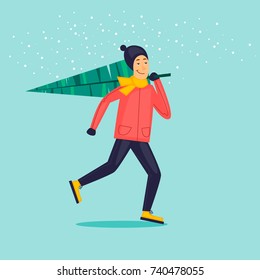 Guy is carrying the Christmas tree. Character. Merry christmas and a happy new year. Flat design vector illustration.