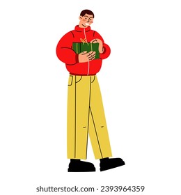 Guy is carrying a gift. Man with a gift box in his hands, a surprise for friends or a loved one. An advertising poster or banner. A Christmas present. Cartoon flat vector illustration. Guy in a jacket