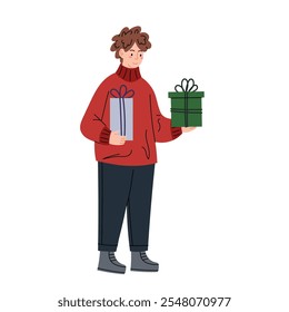 Guy carrying gift. Man with gift box in his hands, surprise for friends or family. Guy in warm winter jumper. Christmas present. Cartoon flat vector illustration. 