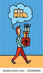 Guy carrying gifts looking for a cab