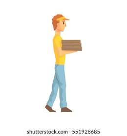 Guy Carrying Pile Of Pizza Boxes, Delivery Company Employee Delivering Shipments Illustration
