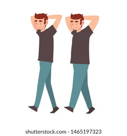 Guy in Casual Clothes Walking with Hands Thrown, Young Man Before and After Weight Loss, Male Body Changing Through Healthy Nutrition or Sports Vector Illustration