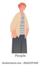Guy in casual outfit. Man in shirt and jeans with hands in his pockets. Kind happy male character smiles. Avatar for social networks. Cartoon flat vector illustration isolated on white background