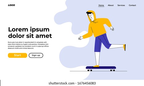 Guy in casual skateboarding. Male character riding longboard flat vector illustration. Skateboarder outdoor activity, lifestyle concept for banner, website design or landing web page