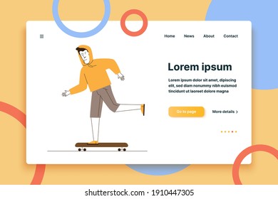 Guy in casual skateboarding. Male character riding longboard flat vector illustration. Skateboarder outdoor activity, lifestyle concept for banner, website design or landing web page