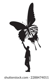 The guy caught his dream flying away like a butterfly. Allegory. Also good for tattoo. Editable vector monochrome image with high details isolated on white background