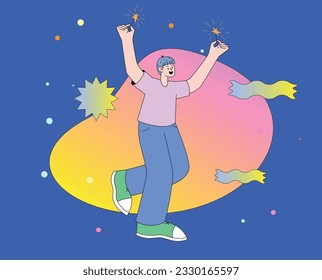 The Guy Celebrates at a Party with Sparklers in his Hands. Happy Character on Holiday or Festive Event. Vector Flat Illustration.