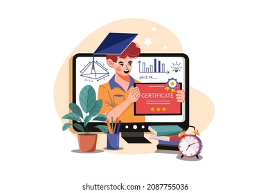 Mit einem Zertifikat nach dem Konzept der Online-Schulillustration. Flache Illustration einzeln auf weißem Hintergrund.