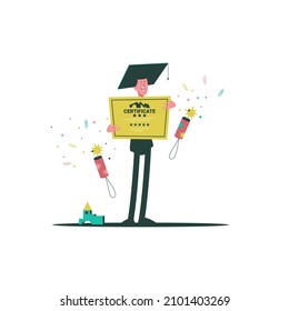 Guy with certificate after online school vector illustration. Happy graduate teenager in hat flat style. Finish distance learning. Home education, knowledge concept. Vector illustration.