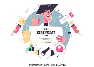 Guy with certificate after online school vector illustration. Happy graduate teenager in hat flat style. Finish distance learning. Home education, knowledge concept. Isolated on white background