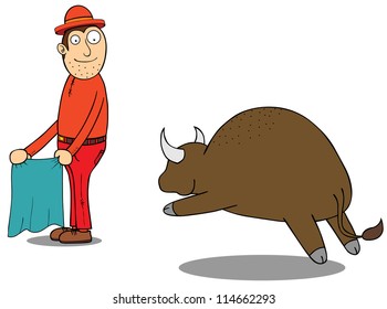 A guy challenging a mad buffalo.