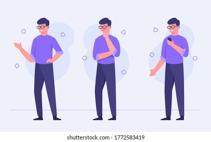 Guy Character With Glasses Set Collection Smile Talk Thinking Playing Smartphone With Flat Cartoon Style.