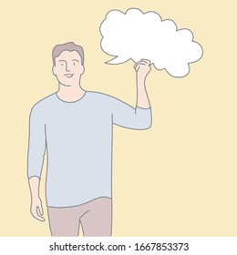 Guy character holding blank speech bubble. Hand drawn vector illustration.