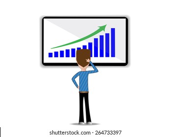 Guy character looking on television with chart