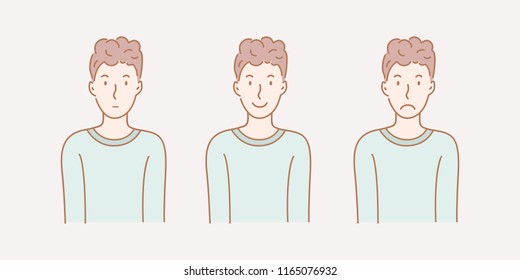 The guy is a character. Three emotions: indifference, joy, sadness. Hand drawn style vector doodle design.