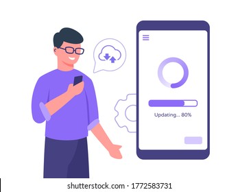 Guy Character Wear Glasses Holding Smart Phone Update Process Mobile App Connected To Cloud With Flat Cartoon Style.