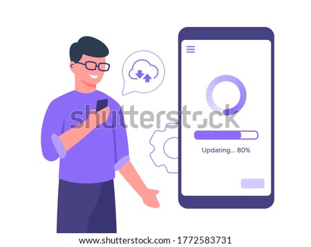 Guy character wear glasses holding smart phone update process mobile app connected to cloud with flat cartoon style.