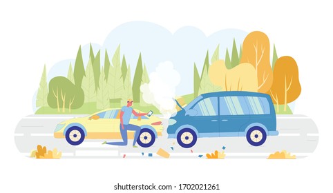 Guy Character who Owns Car Taking Colliding Cars Photo Flat Cartoon Vector Illustration. Van Bumped into Automobile. Road outside City with Transport Accident on Nature Background.