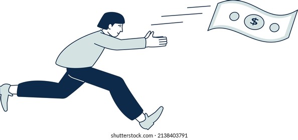Guy chasing flying dollar bill. Person running for money