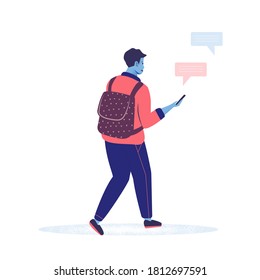 Guy Chatting y tecleando en el teléfono. Ilustración de vectores de caricaturas planos de carácter masculino. El hombre usa Smartphone. Comunicación y concepto de conversación.
