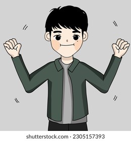 guy is cheering, man raising his two hand