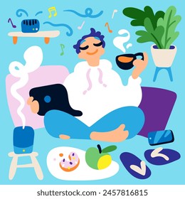 A guy chilling with a laptop and a cup of tea in comforting home setting. Good-enough and relaxed remote workflow concept. Simple vector illustration in trendy colorful style.