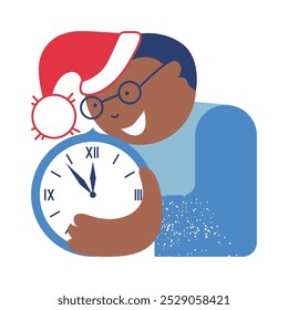 Guy with a Christmas hat and a clock showing 12. Festive Xmas or winter greeting card. Hand drawn vector illustration.