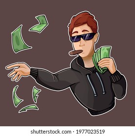 a guy with a cigar in his mouth throws money vector illustration sticker