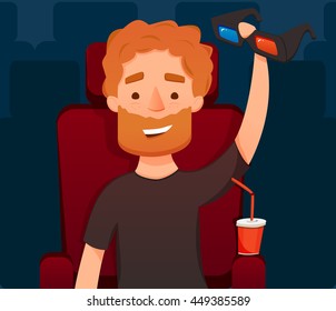 guy in cinema. hold 3d glasses.3D. Vector flat illustration. Man Sit Watching Movie.  Flat Vector Illustration. cartoon
