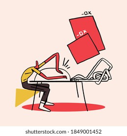 Guy click on big mouse and giant virtual screen. Vector concept of digital working . Keith Haring vibe