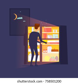 Guy climbed into the refrigerator at night. Flat design vector illustration.