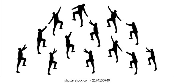 The guy climbs up and makes efforts when lifting. A group of climbers climbs the summit. A young guy of a large build, in a tracksuit and a cap. Male black silhouettes isolated on white background