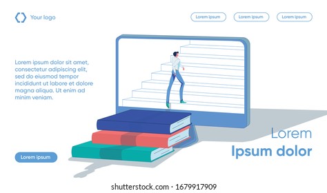 Guy Climbs Stairs from Books on Screen Device. Collection, Analysis and Systematization Information Collected. Consultation on Choice Subjects and Genre Project. Development Curiosity and Erudition.