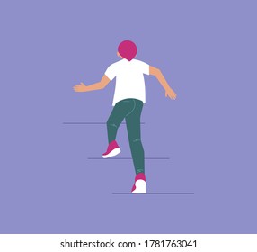 El tipo sube las escaleras. Desarrollo, logro de objetivos, aspiración, objetivo, metáfora de crecimiento personal. Aislado sobre morado. Ilustración de vectores de arte plano