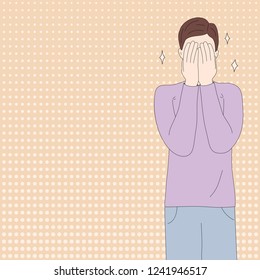 The guy closes his face with his hands. Vector illustration