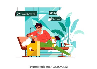 El tipo con café mira en el reloj y espera la ilustración del vector del vuelo. Hombre espera a la salida con un estilo llano. Aeropuerto, turismo, concepto de retraso