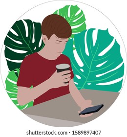 The guy with the coffee and the phone sits at the table